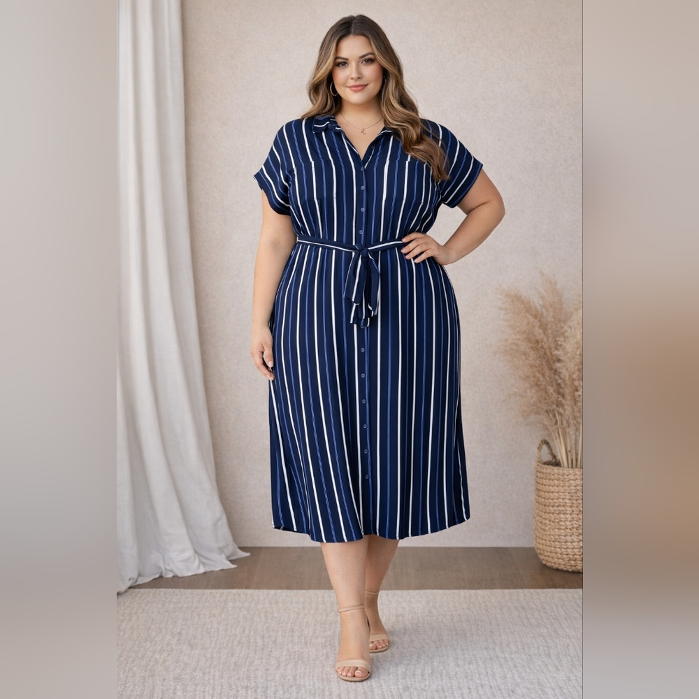 George Navy and White Striped Midi Dress